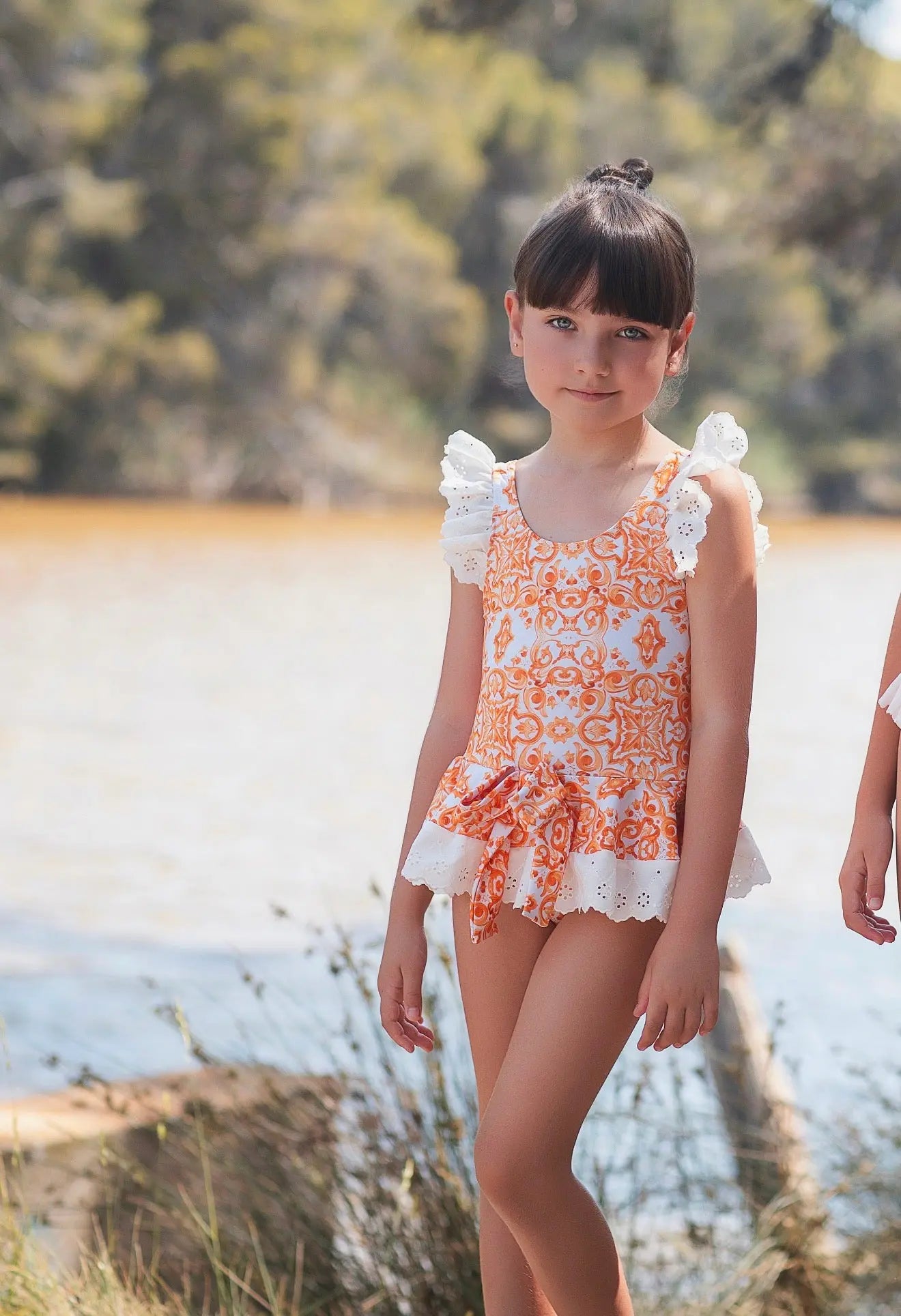 Rochy Girls Summer Orange Print Tulle Swimming Costume