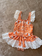 Rochy Girls Summer Orange Print Tulle Swimming Costume