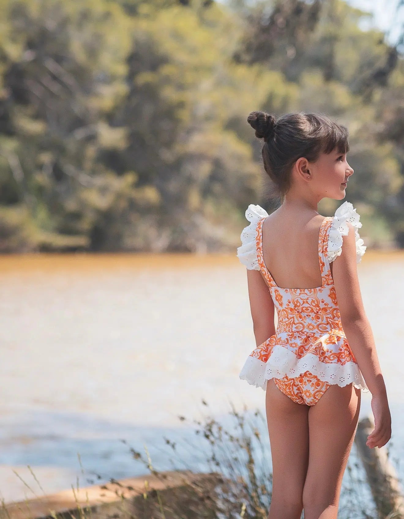 Rochy Girls Summer Orange Print Tulle Swimming Costume