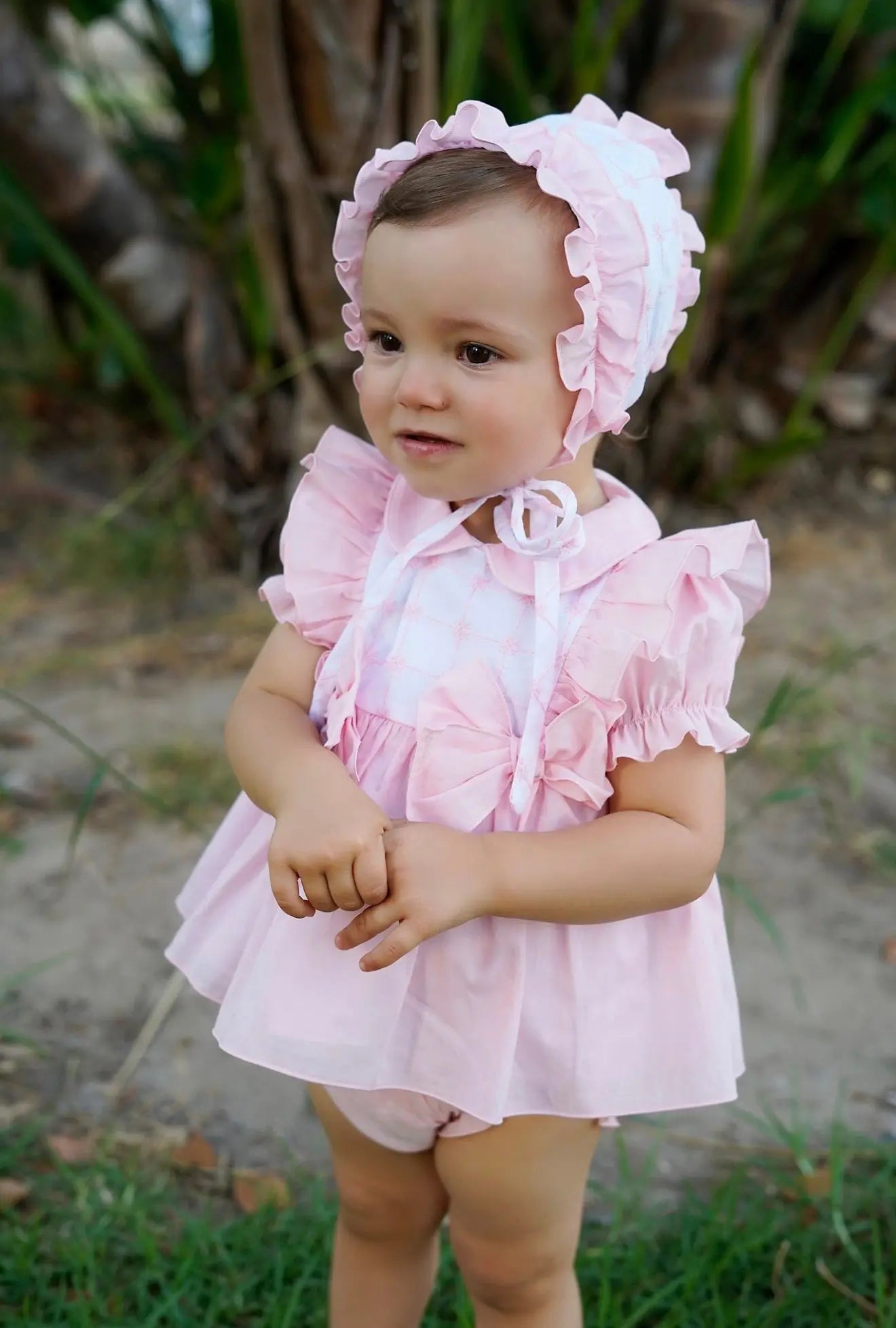 Babine Baby Girls Pink Dress & Bonnet Set