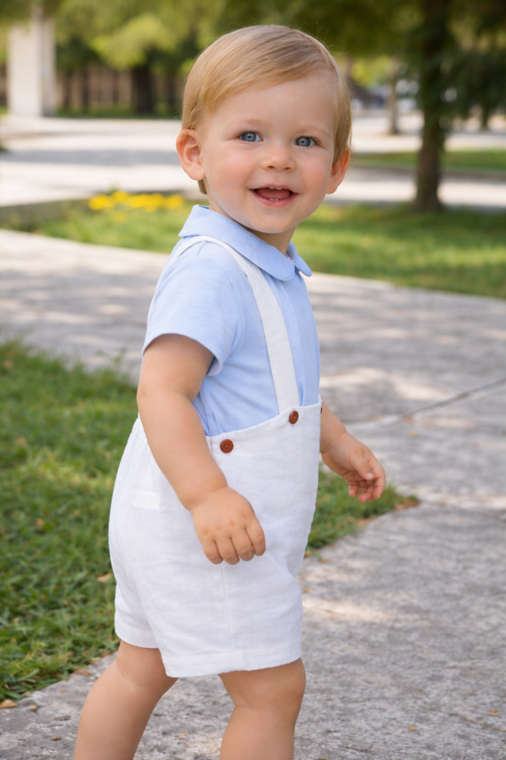 Babine Boys Blue Shirt & White Dungarees Set